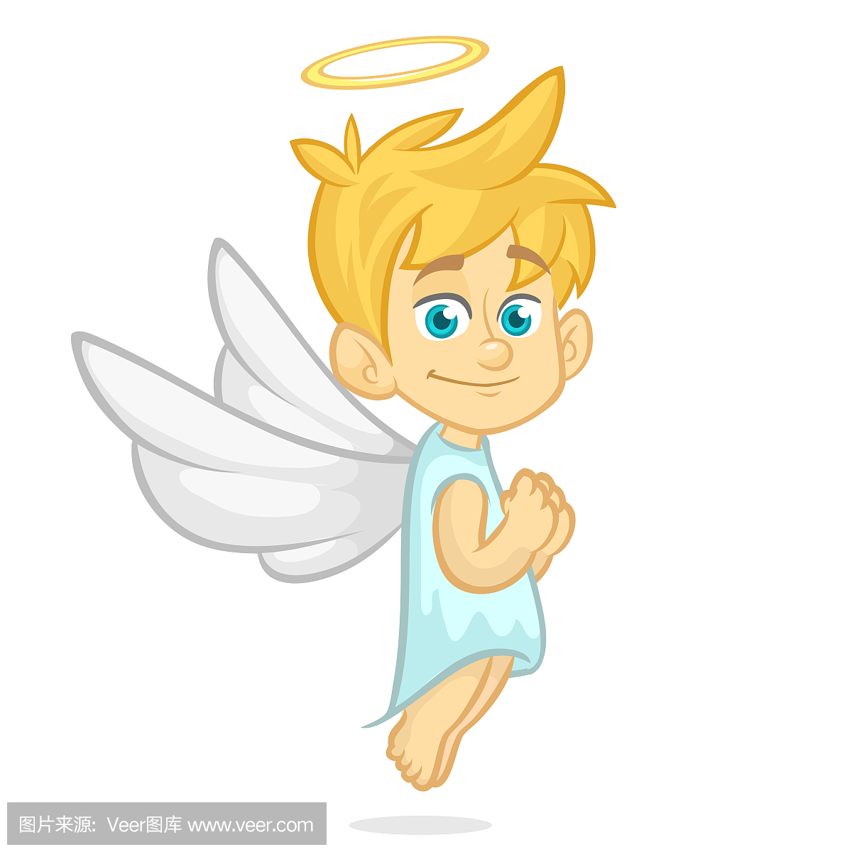 圣诞天使与灵气和翅膀的矢量卡通插图祈祷