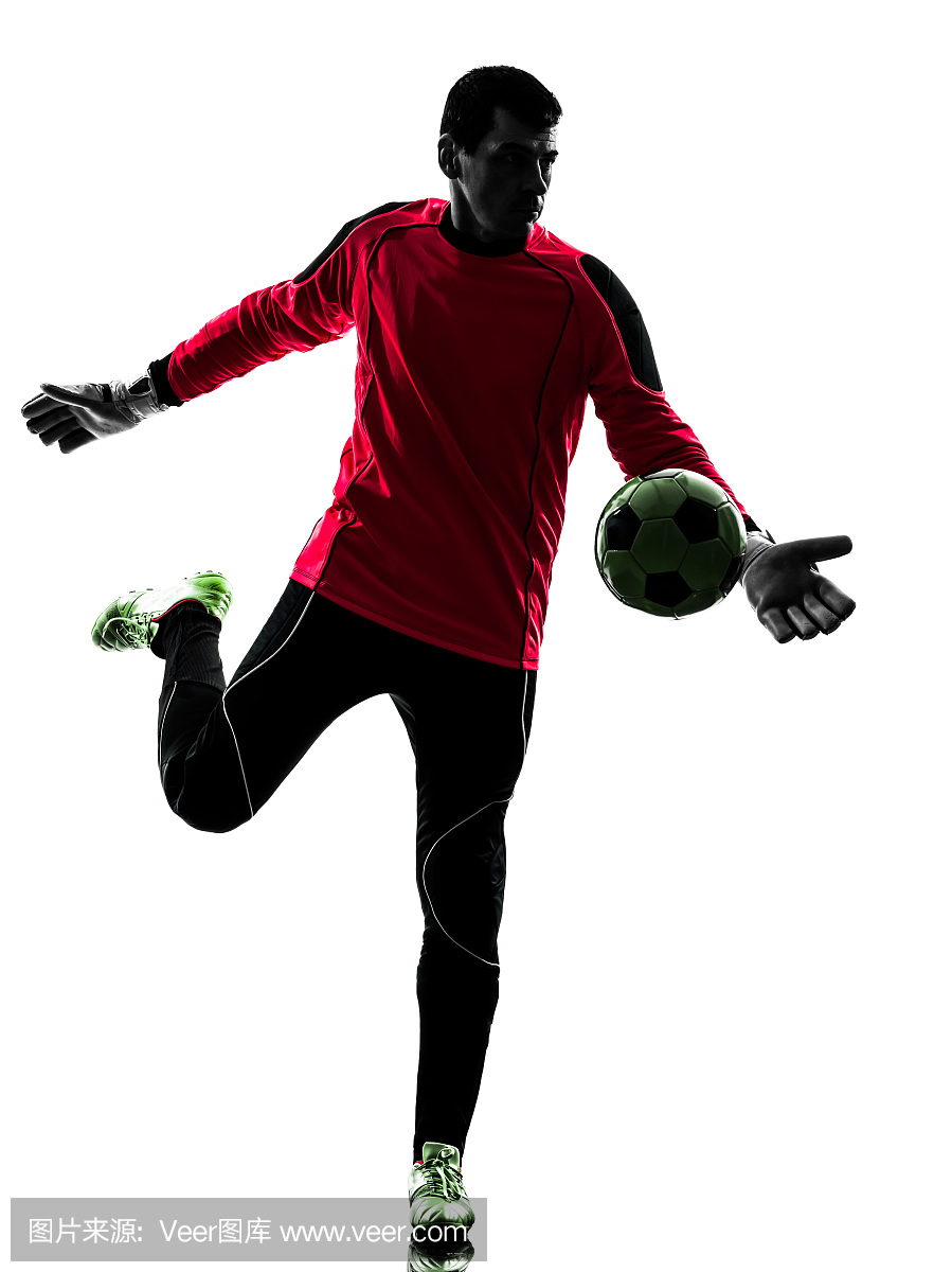 白种人足球员守门员男子踢球剪影