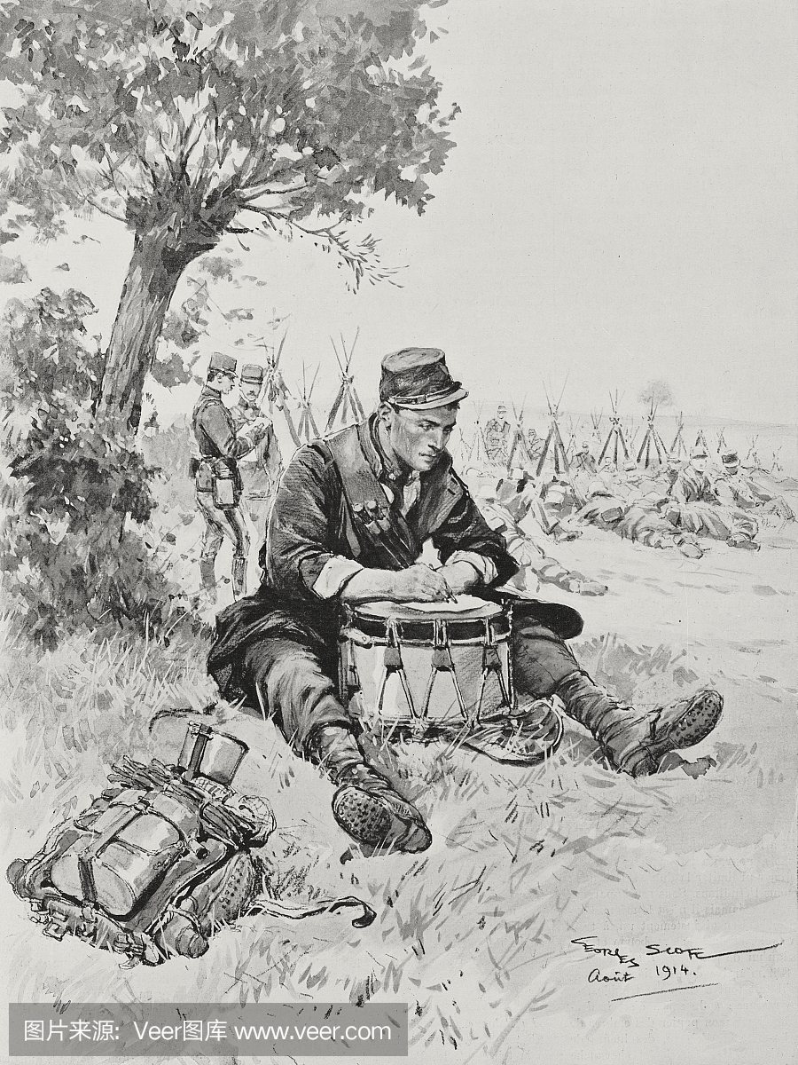 法国士兵在鼓上写信给他的家人,由Georges Sc