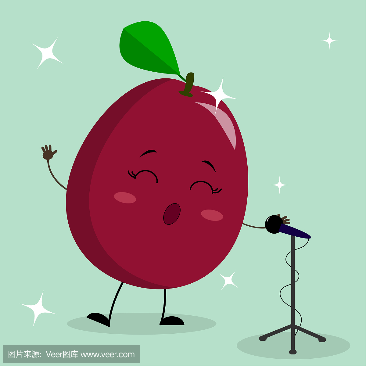 Сute plum Smiley in a cartoon style sings into t
