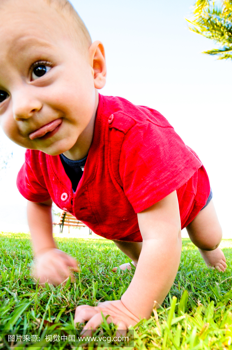 婴儿用舌头爬在绿草上