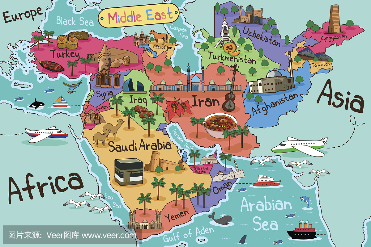 中东国家地图卡通风格