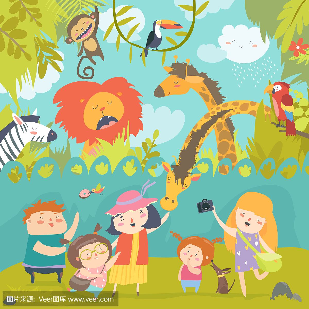 快乐的孩子们在动物园与野生非洲动物