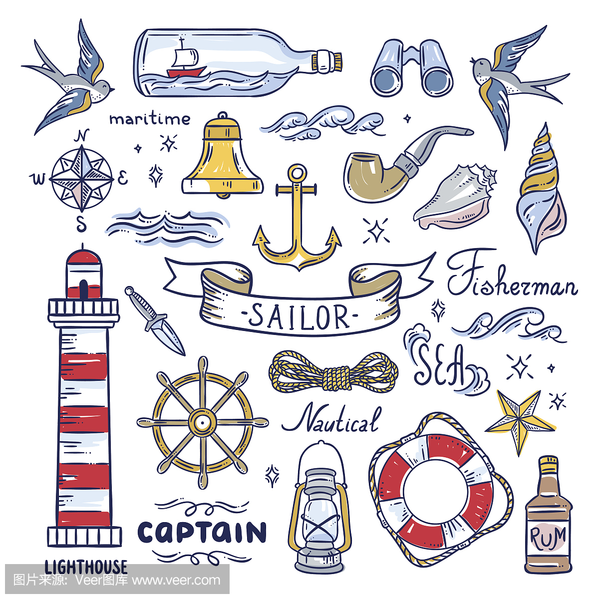 水手手绘元素。航海插图:灯塔,海浪,船长物体,贝
