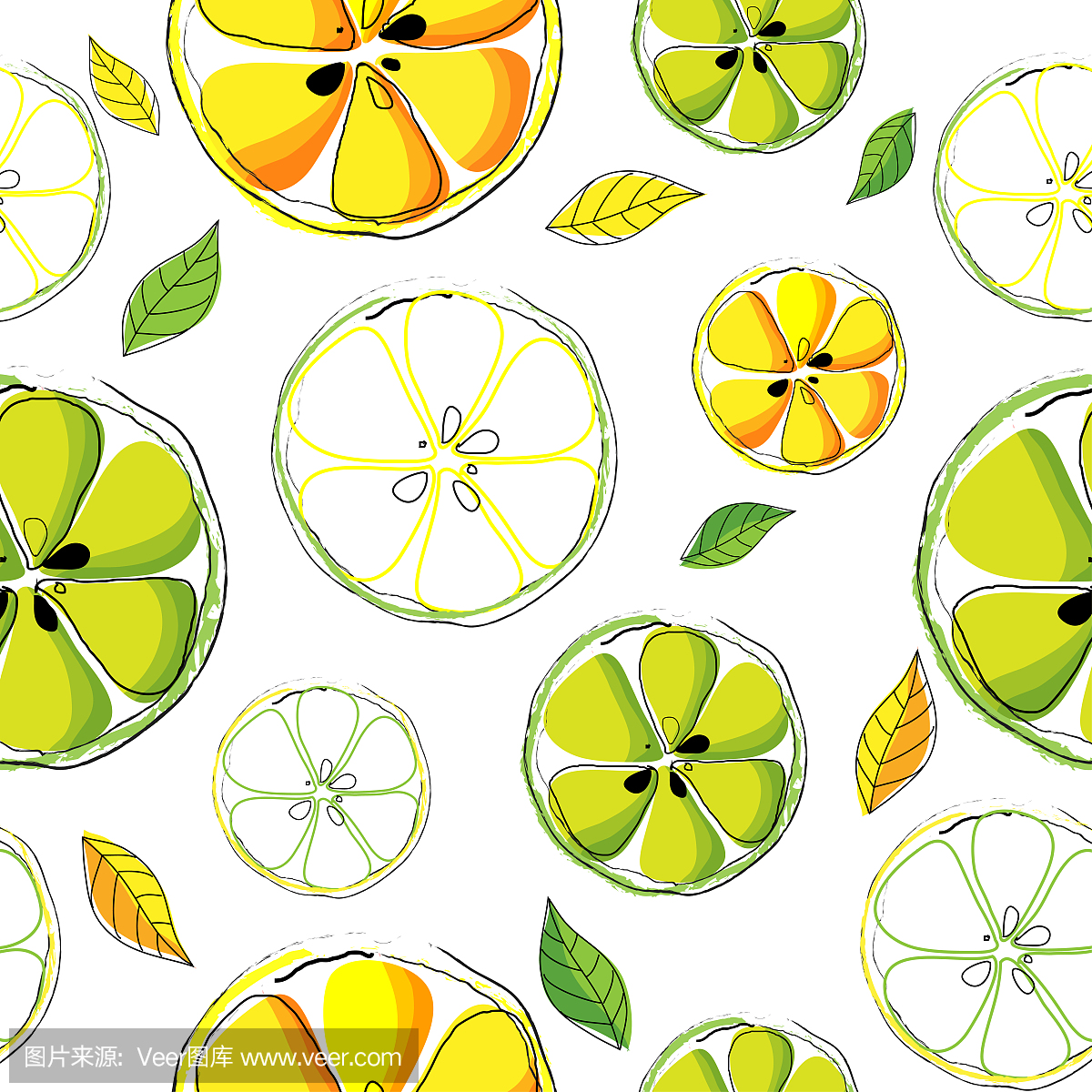 矢量和插图无缝模式的柑橘类水果,柠檬,酸橙片