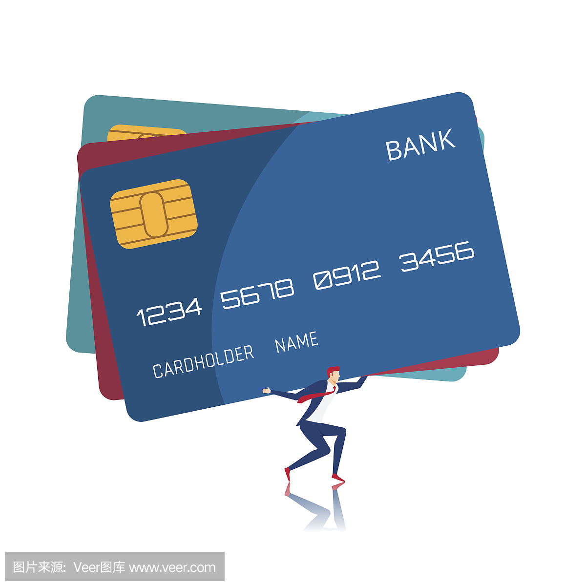 商人携带巨大的信用卡。债务概念