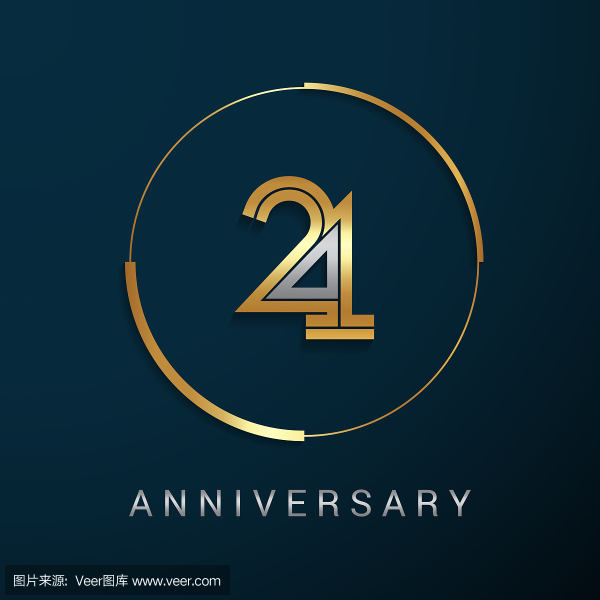 21年周年图标与金色和银色多线性数字在金色