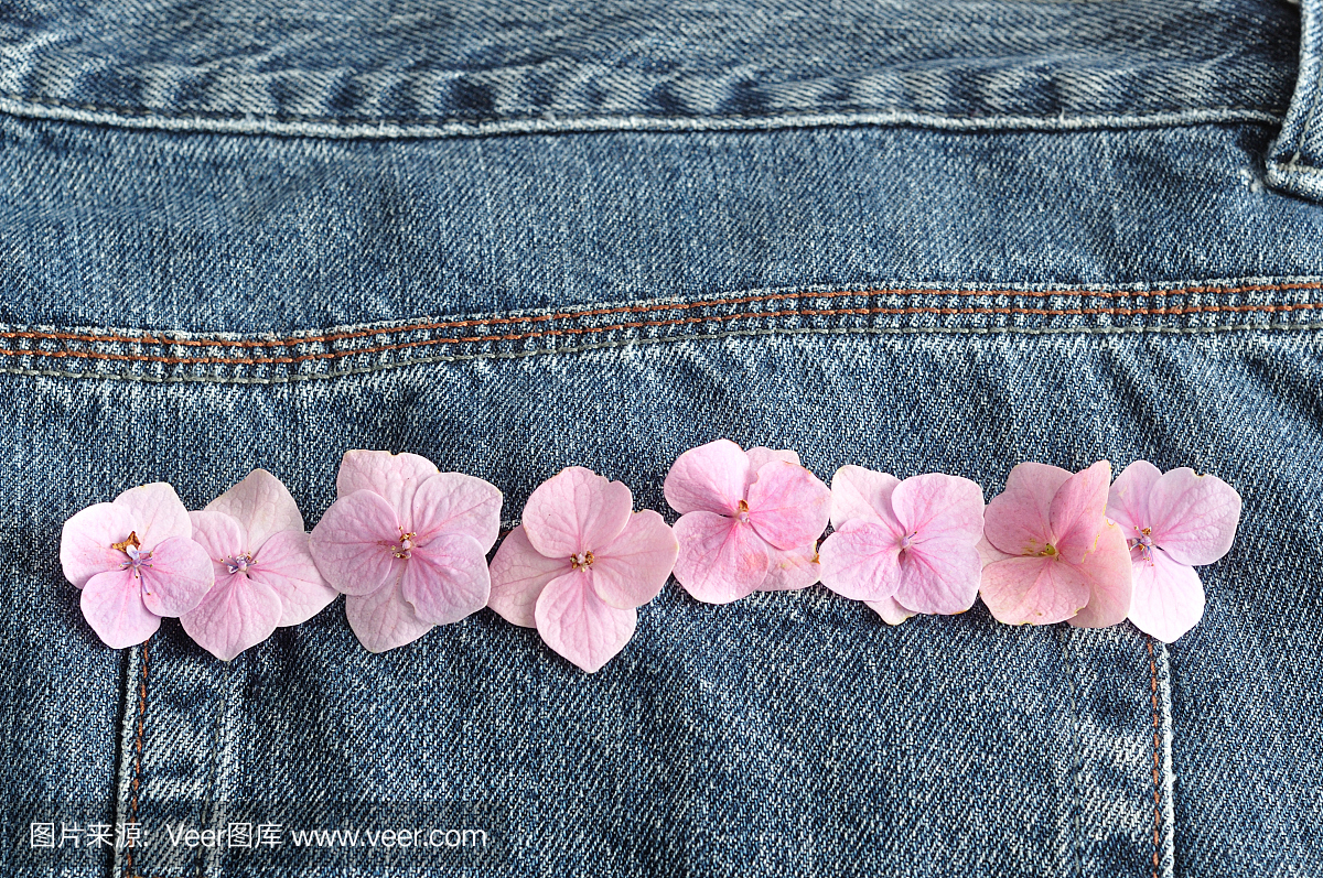 牛仔牛仔裤的后袋,缝有粉红绣球花装饰