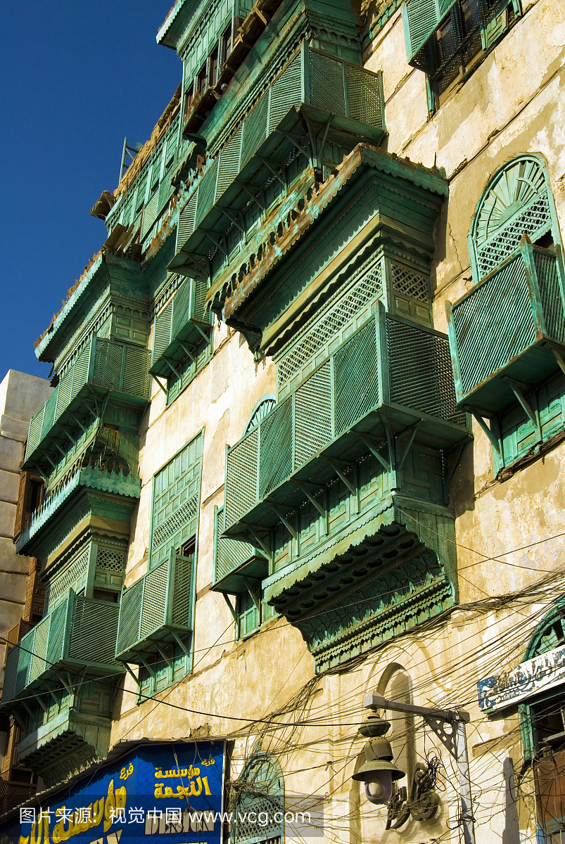 传统文化建筑在阿拉伯窗口的老城区,吉达,沙特