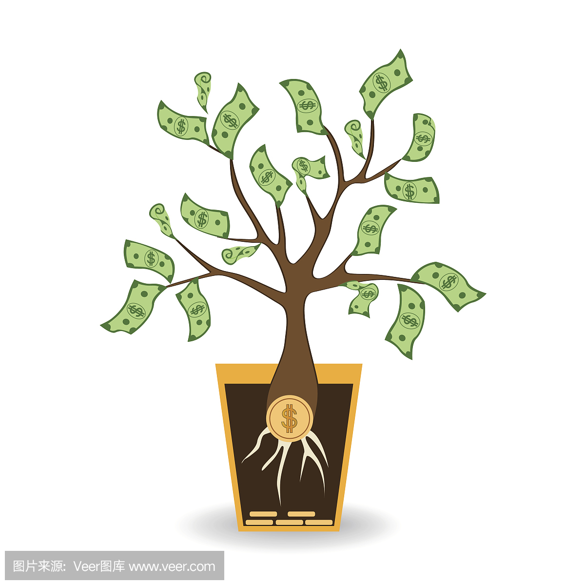 金钱树从硬币根生长。绿色现金钞票树在陶瓷锅