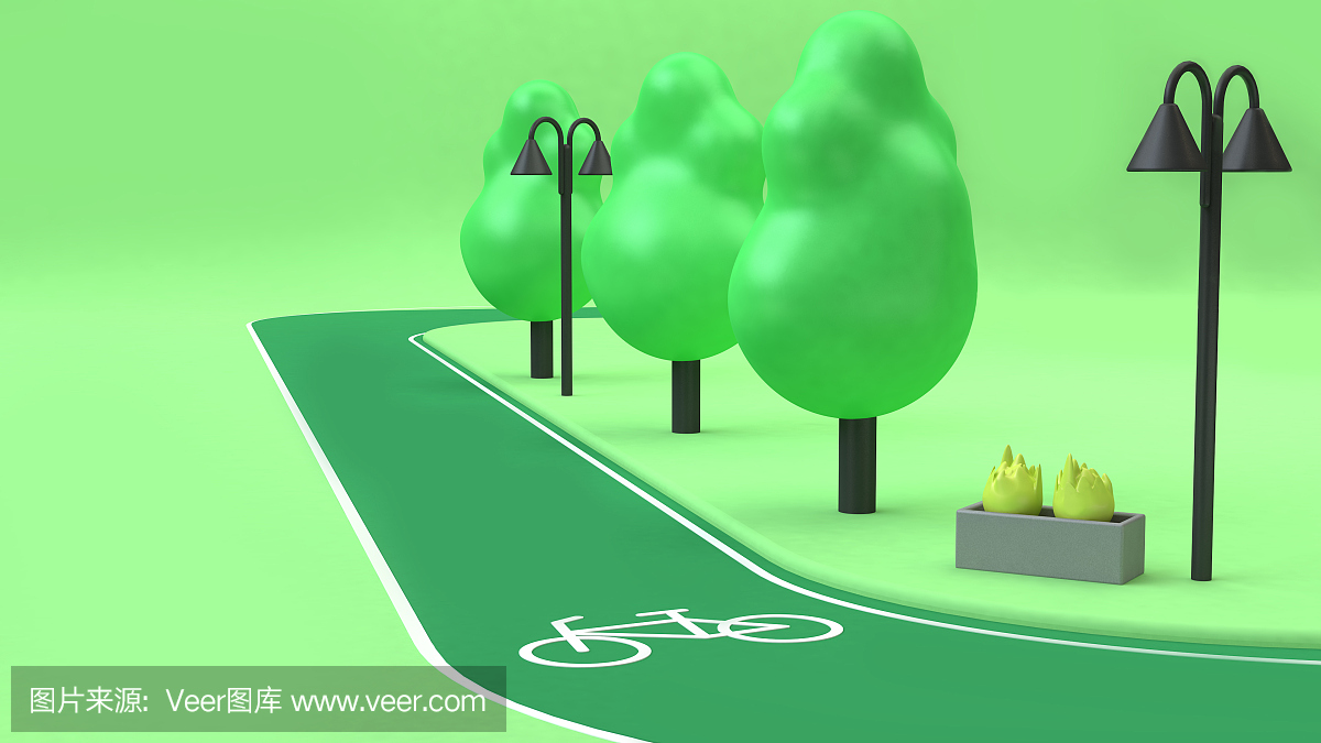3d自行车车道绿色公园低聚树3d渲染卡通风格
