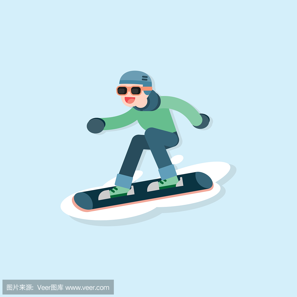 快乐的年轻人滑雪,冬季运动概念,矢量卡通插画