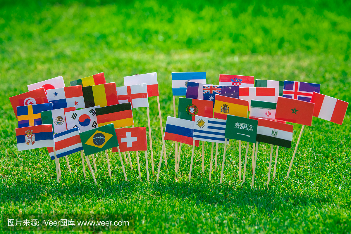 所有足球国家在绿草地上,足球球在体育场上的