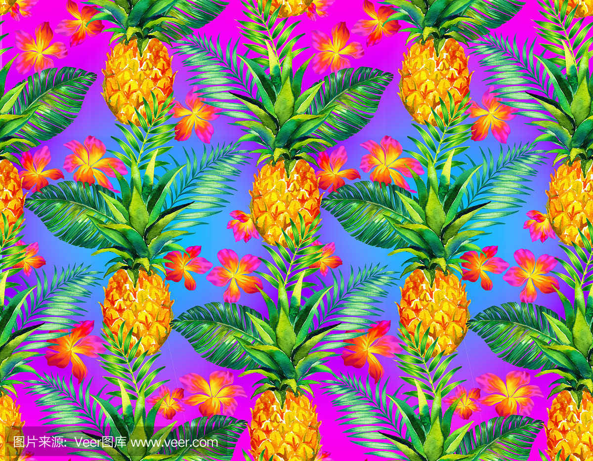 无缝热带花卉图案与pinapple。