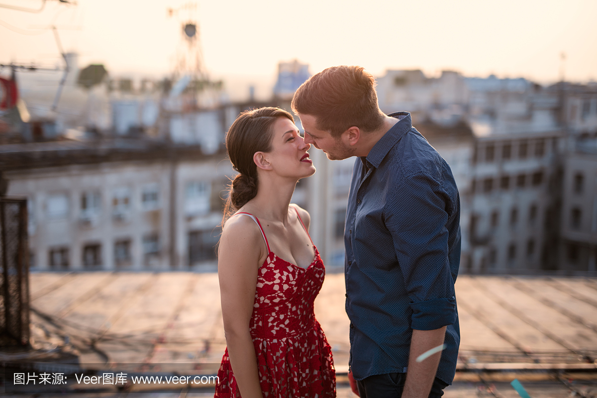 夫妇亲吻在巴黎,日落的高大建筑物的屋顶上