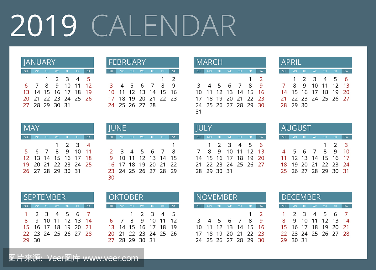 Calendar for 2019.