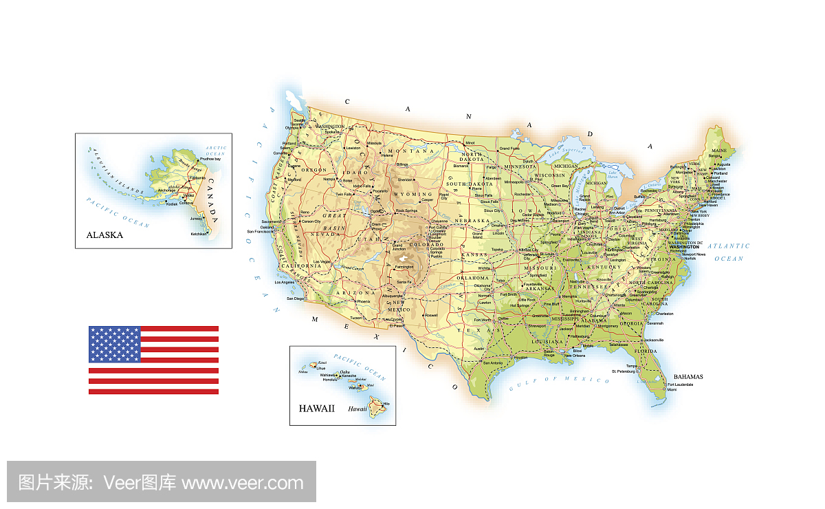 美国 - 详细的地形图 - 插图