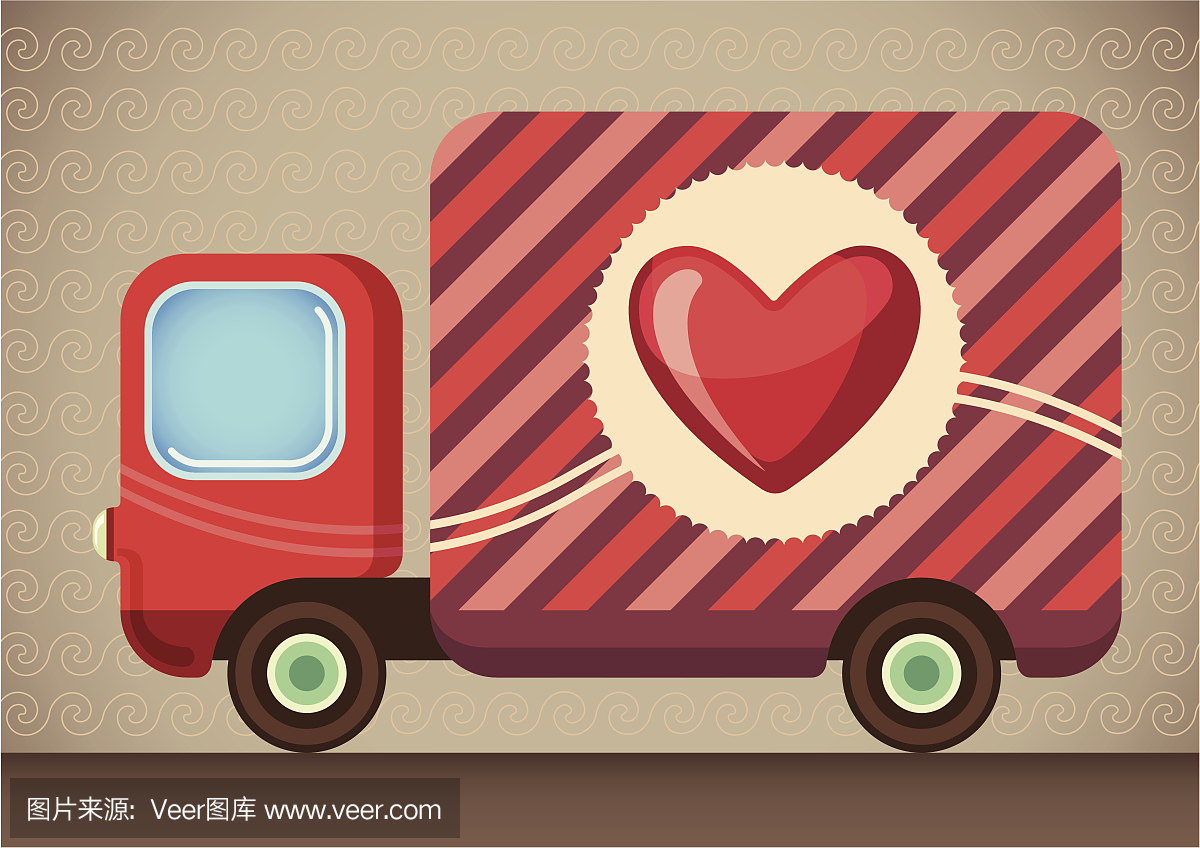 漫画卡车与心脏的符号。
