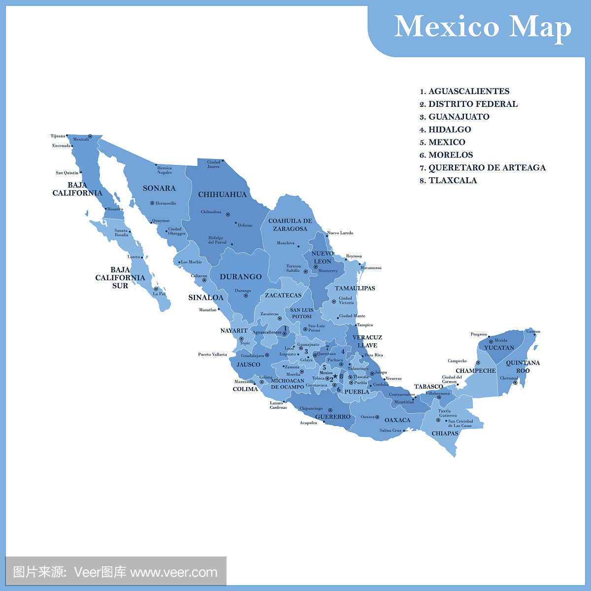 墨西哥与地区或国家和城市,首都的详细地图