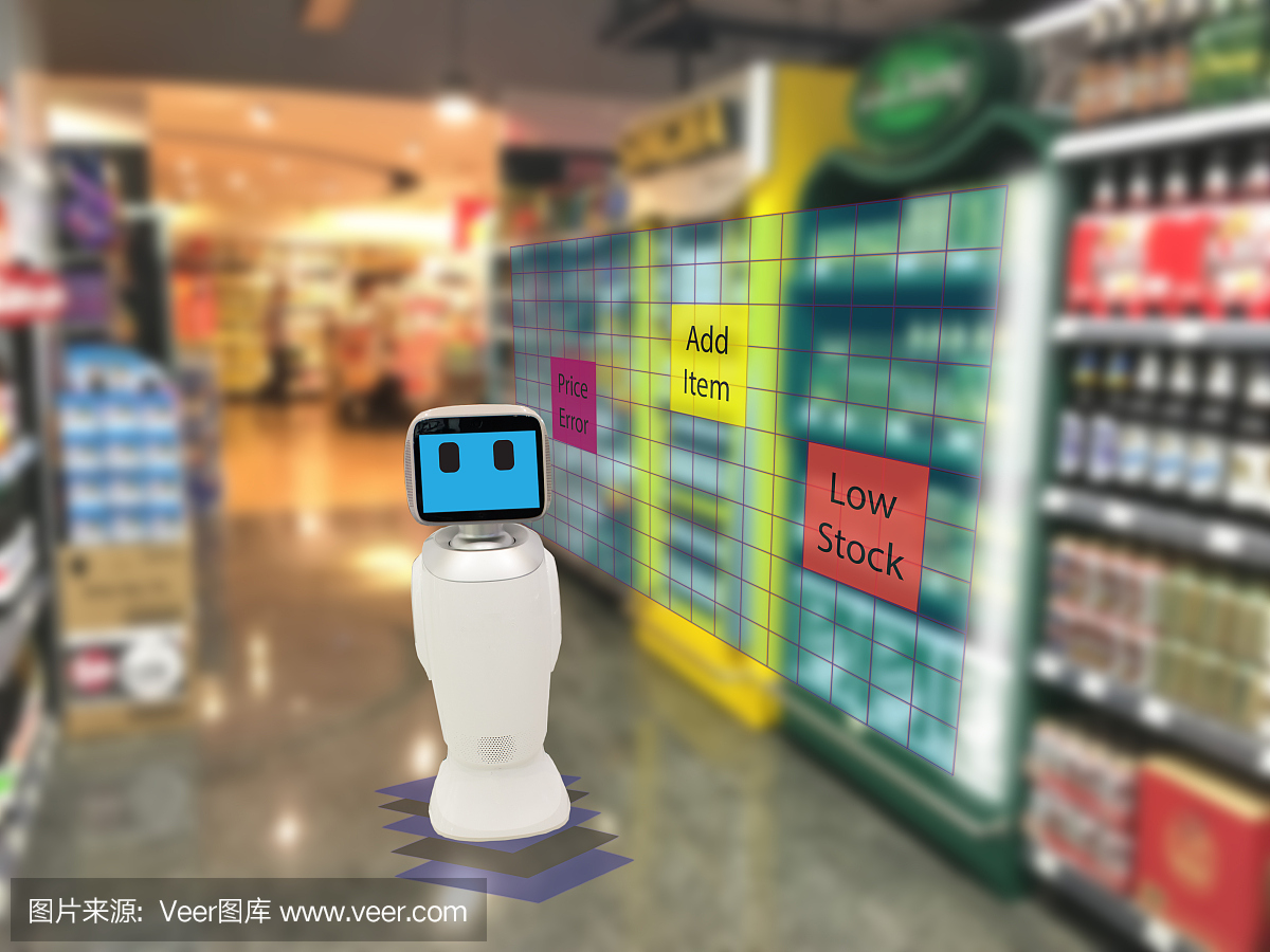 智能零售概念,用于检查数据的机器人服务用途