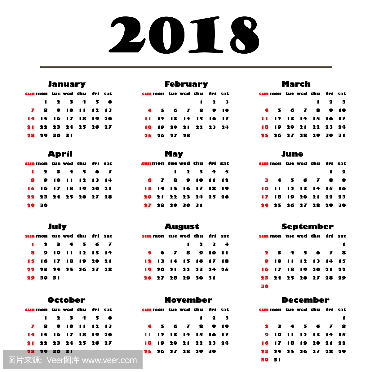 日历2018年在白色背景上。 2018年的矢量图模