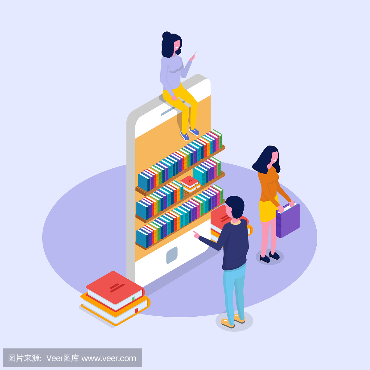 图书馆移动在线等距的概念。微型人阅读书籍。