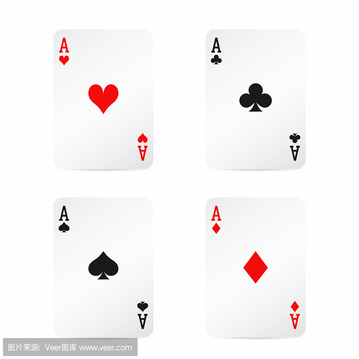 四个ace。玩纸牌与孤立在白色背景上的影子