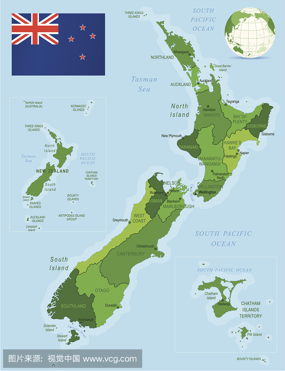 新西兰绿色地图 - 州,城市和国旗