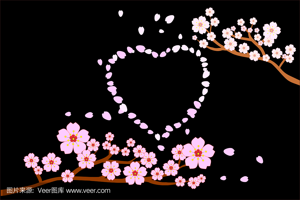 爱浪漫概念。盛开的樱花和心形的吹\/飞花瓣;黑