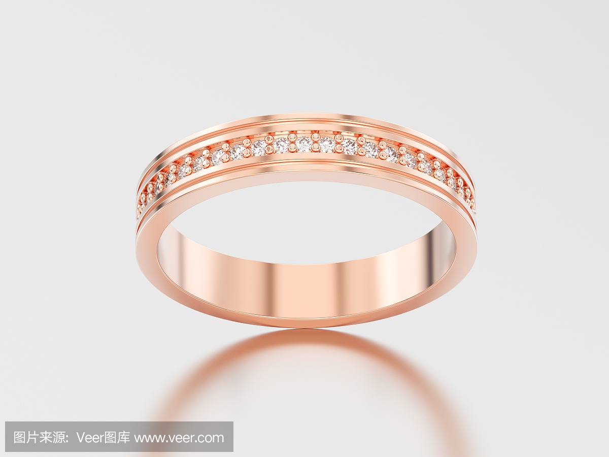 3d图玫瑰金订婚结婚戒指带反射和阴影的钻石