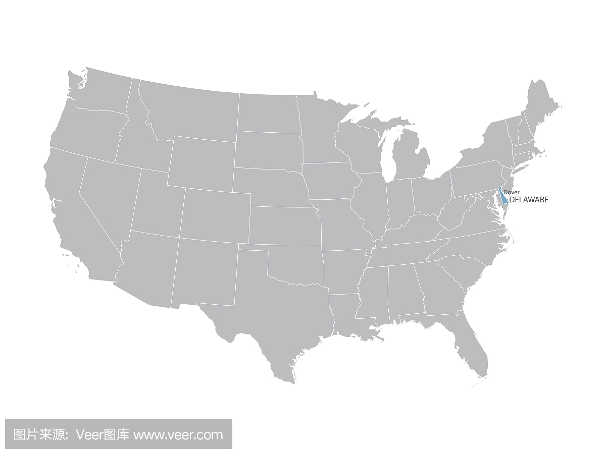 美国地图与特拉华州的指示