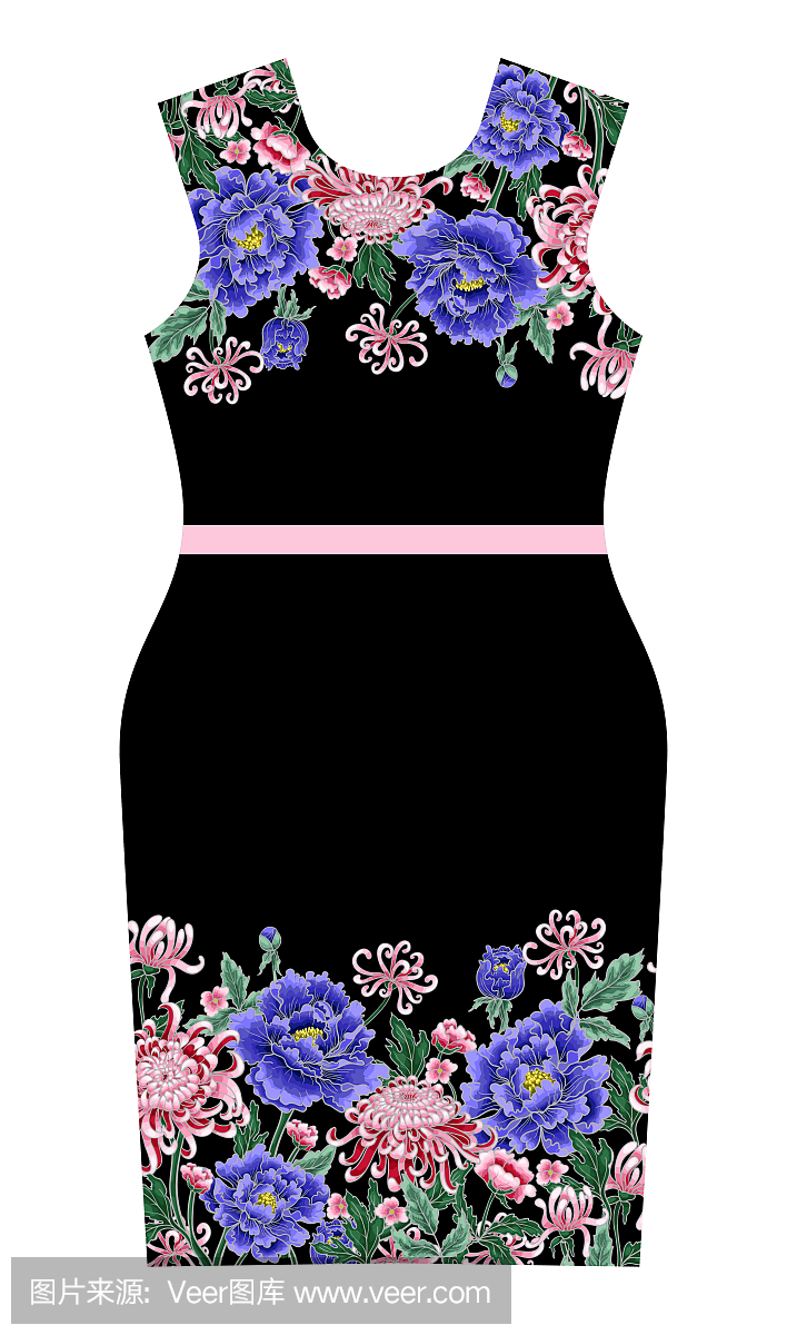 矢量服饰设计与菊花和牡丹。这件礼服的模式的