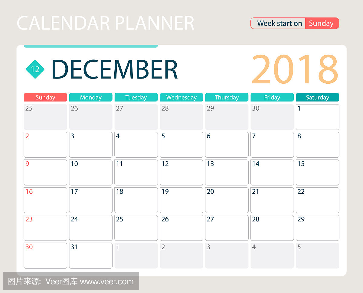 2018年12月,插图矢量日历或桌面计划,星期天开