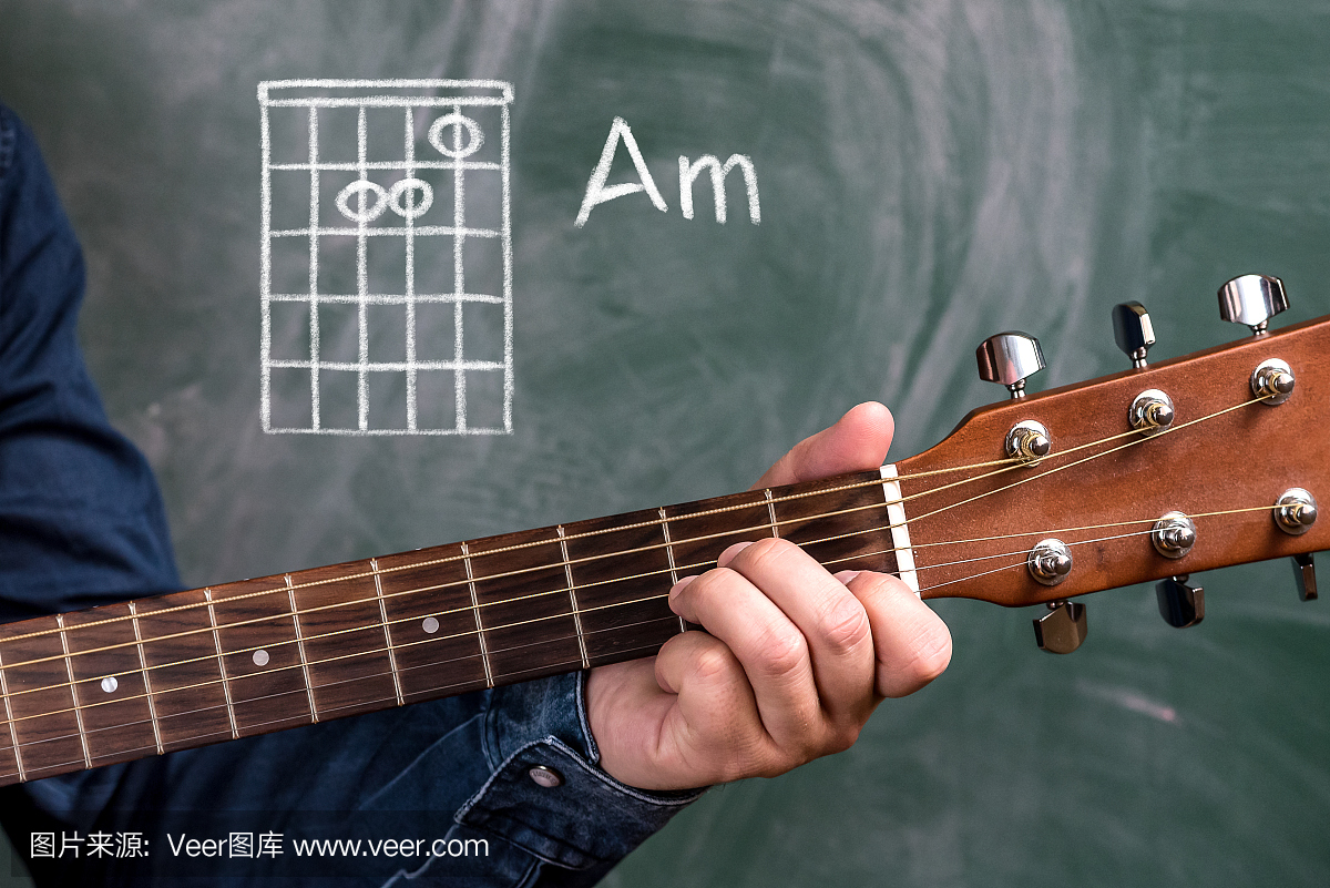 弹吉他和弦的人显示在黑板上,和弦上午