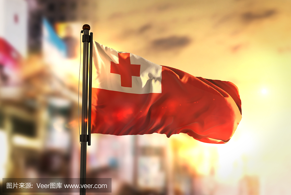 汤加国旗反对城市模糊背景在日出背光