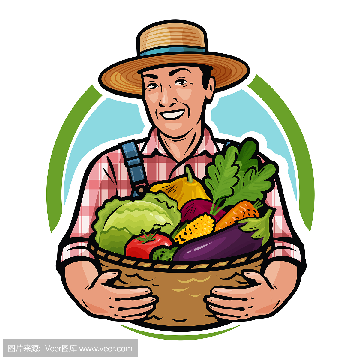 快乐的农民拿着一篮子新鲜蔬菜。农场,农业,园