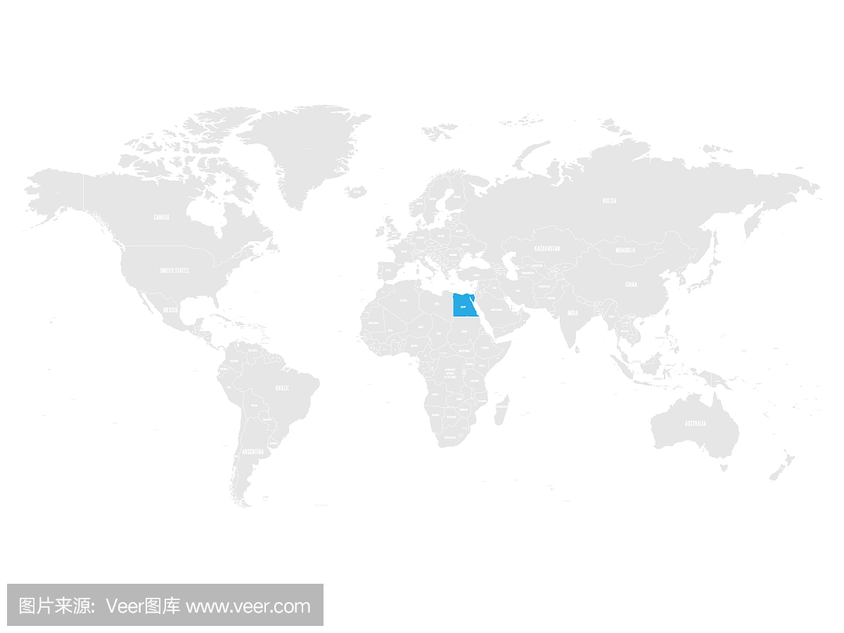 埃及由灰色世界政治地图的蓝色标记。矢量图