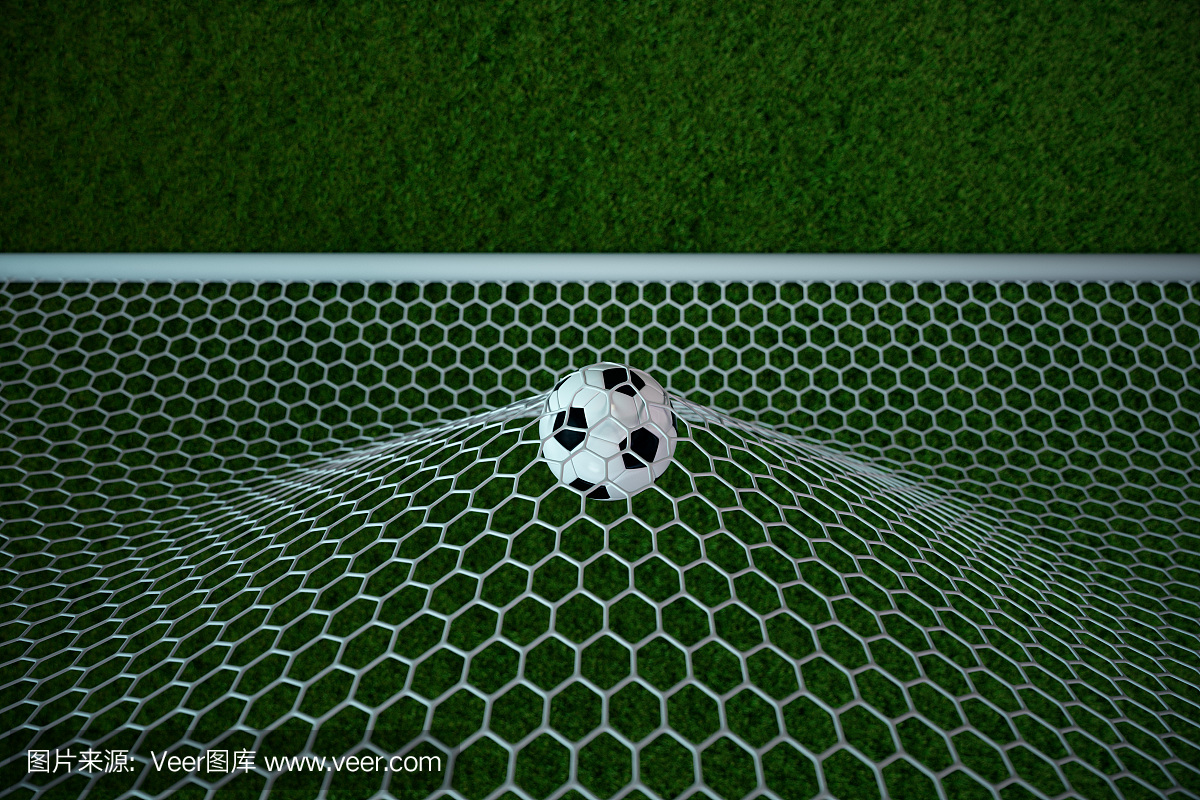 3d渲染足球在目标中。足球在网与聚光灯和体