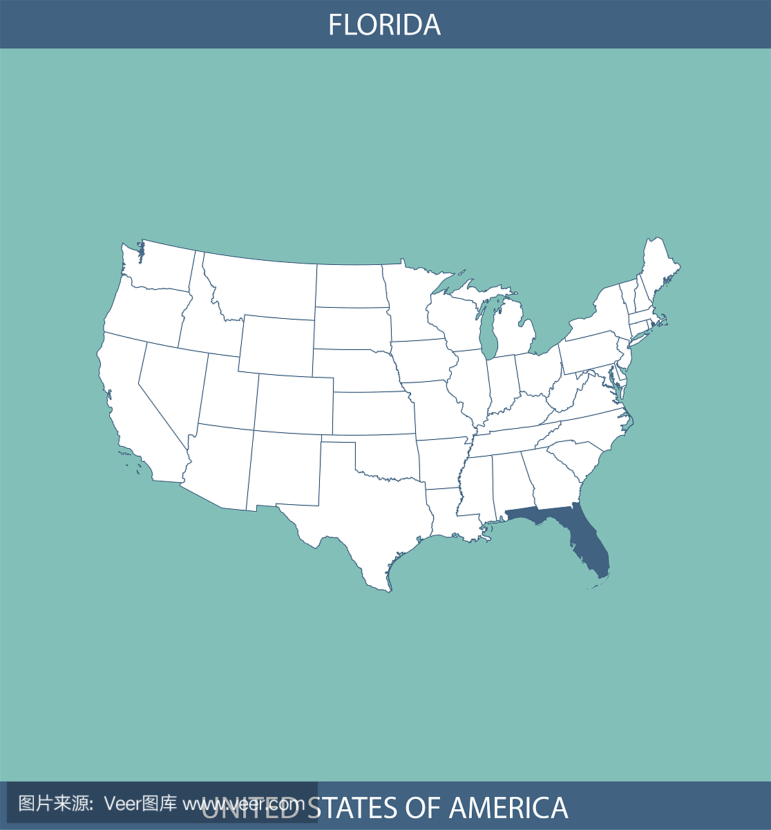 美国地图矢量轮廓图与佛罗里达州突出显示的状