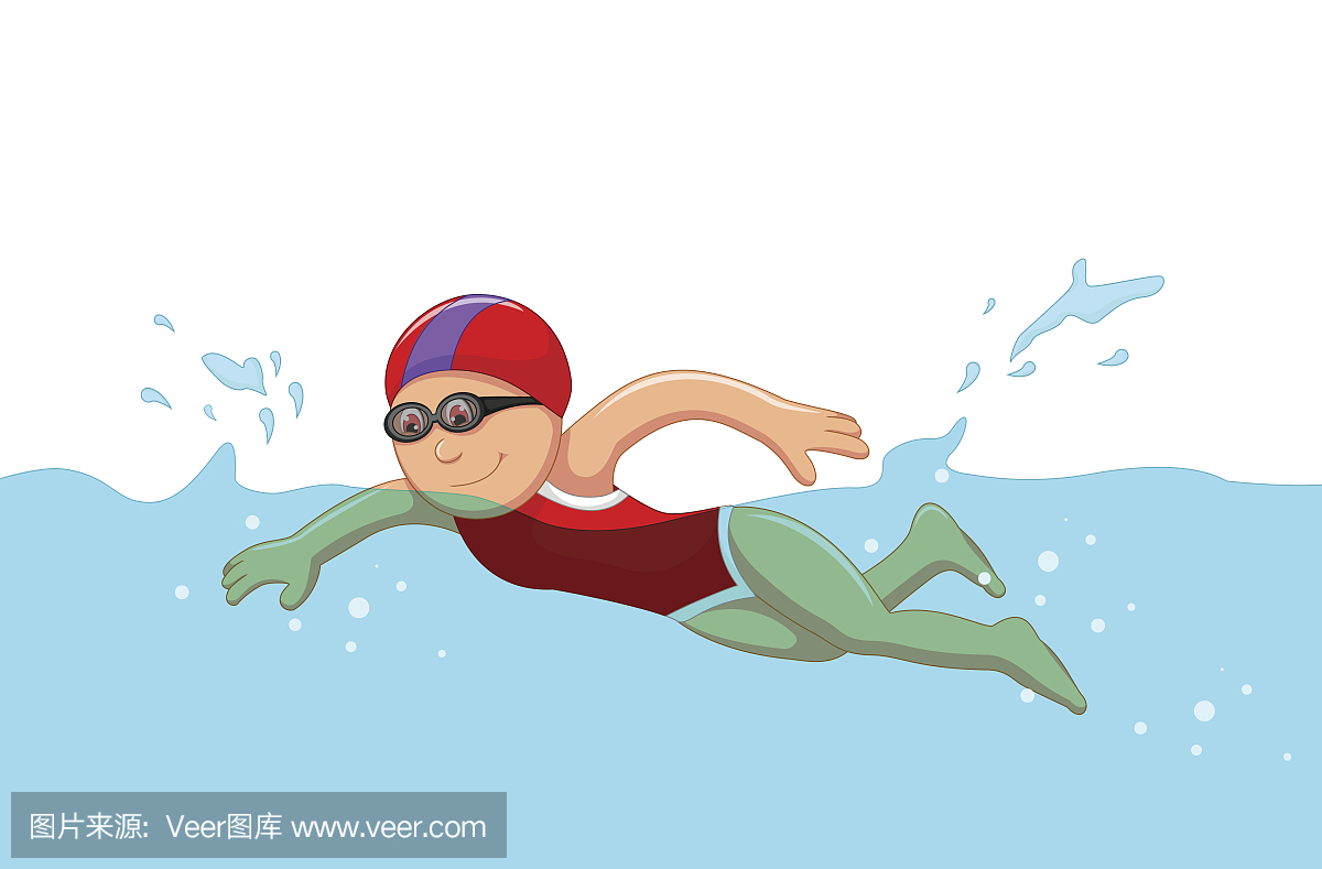 有趣的卡通女孩游泳者在游泳池