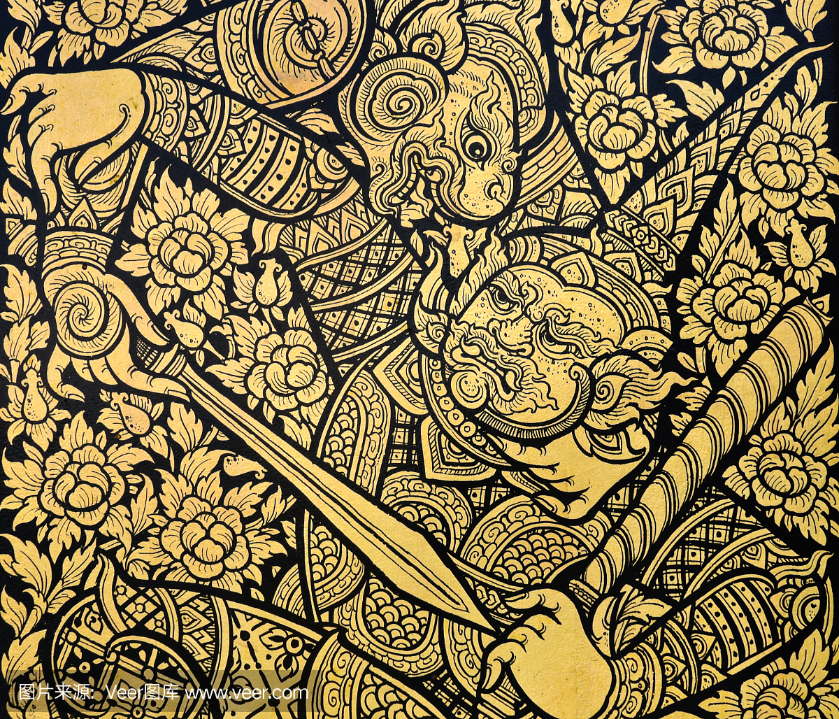 哈努曼的泰国画与恶魔战斗