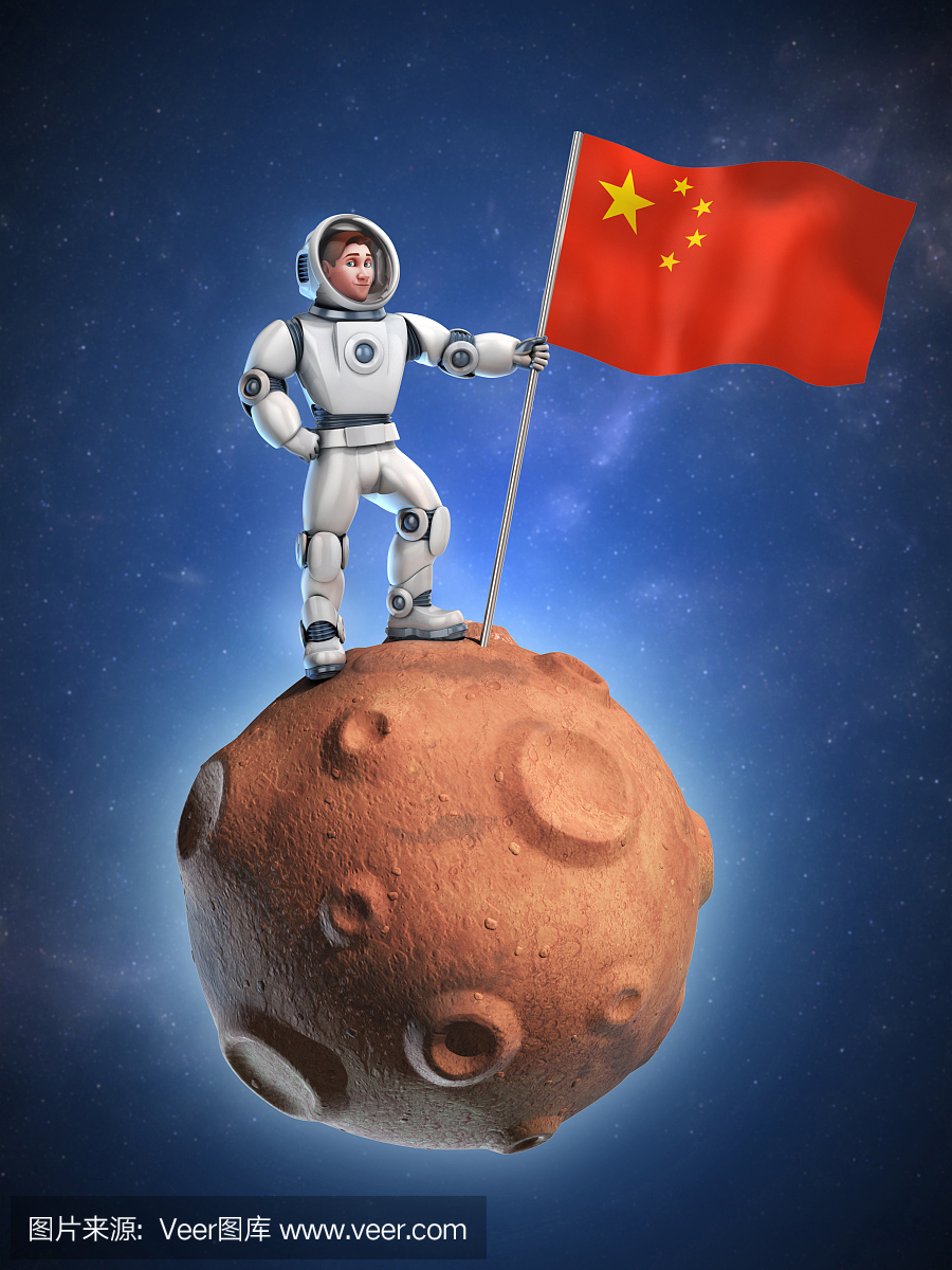 宇航员在流星上举行中国国旗