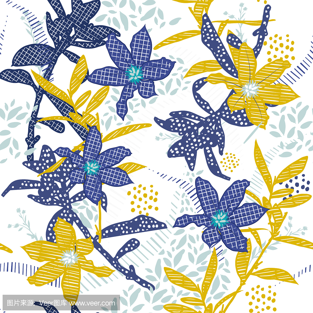 无缝模式矢量花园蓝色和黄色的花牵手绘画风格