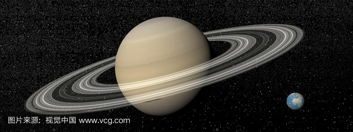 大行星土星及其环在小行星地球旁边。