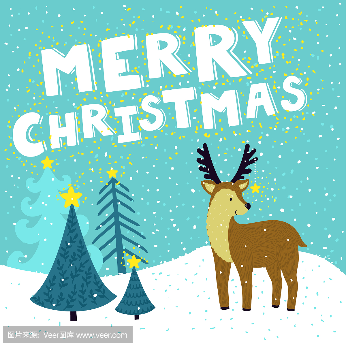 矢量圣诞贺卡与可爱驯鹿与他的角上的明星。假