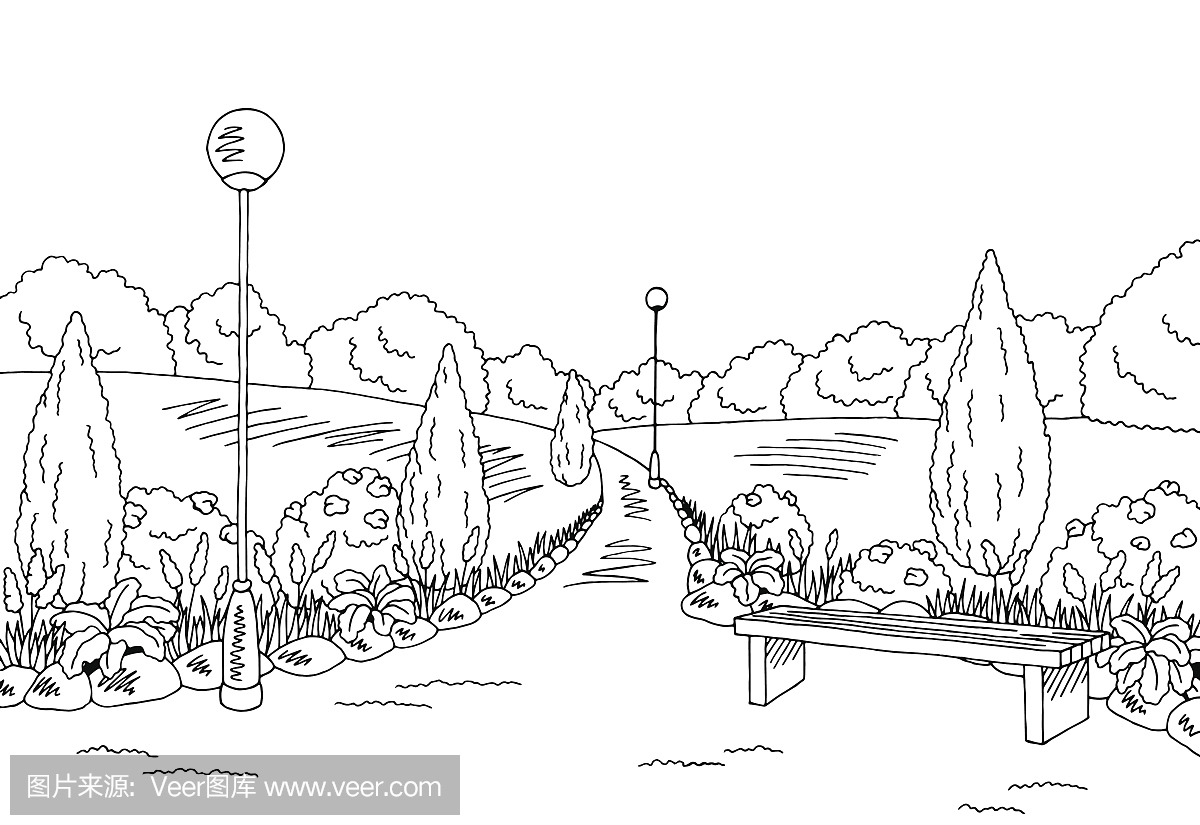 公园图形黑色白色长凳灯景观草图插图矢量图