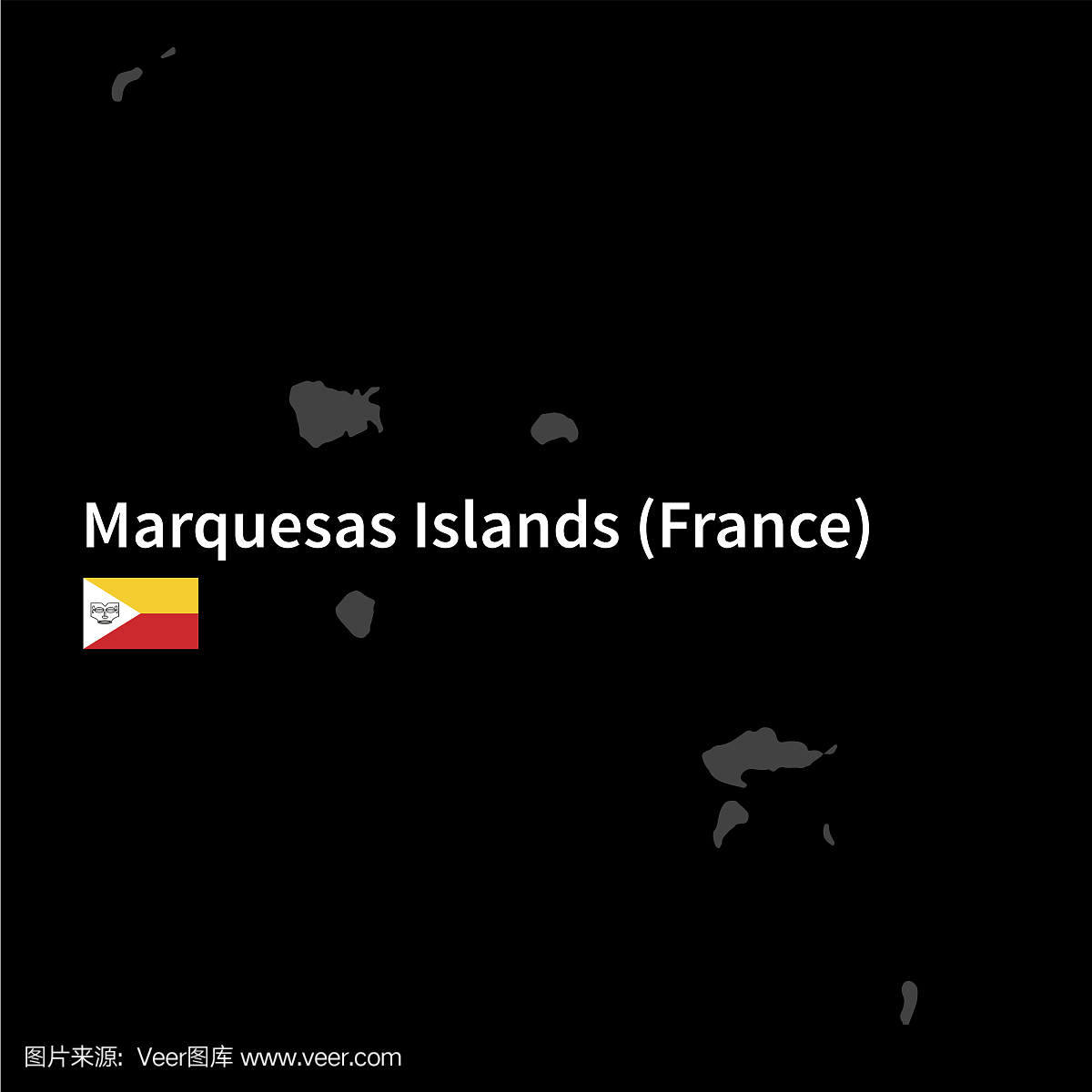 Marquesas群岛的详细地图与黑色背景上的旗帜