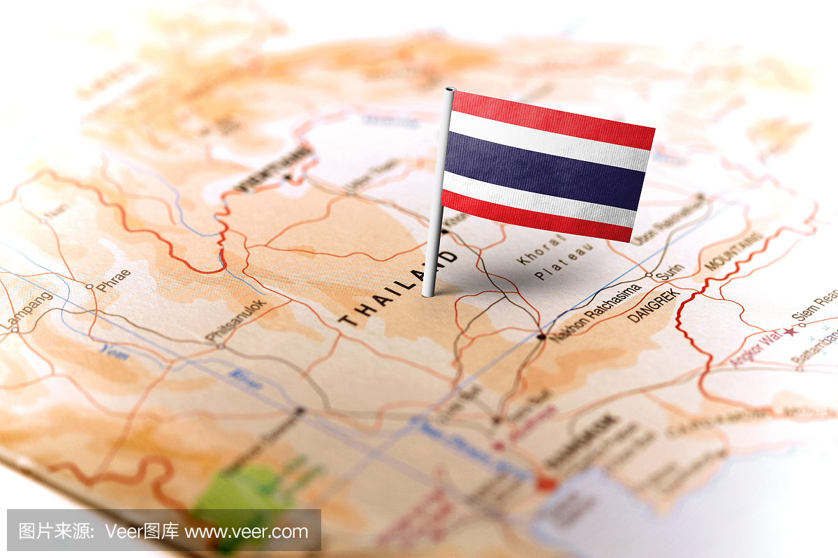 泰国用旗帜固定在地图上