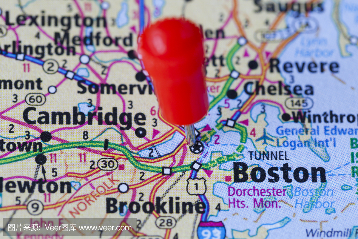 波士顿,马萨诸塞州。地图中的图钉