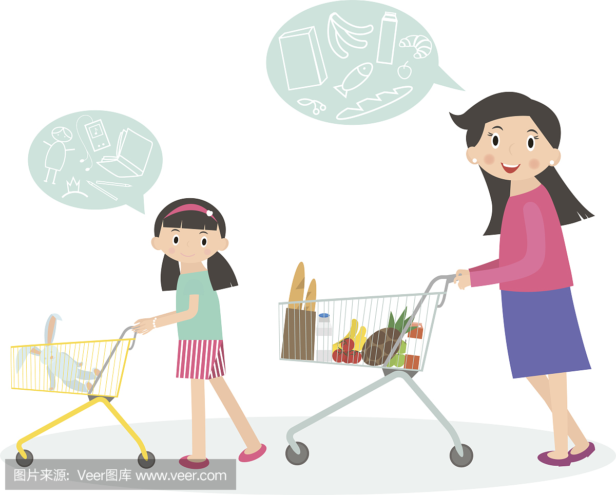 家庭一起购物。妈妈和女儿与超市手推车。